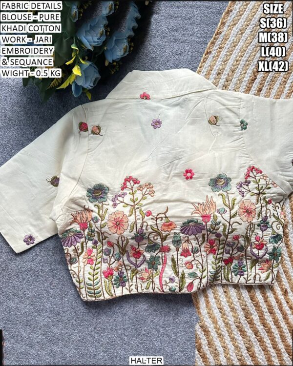 Pure Khadi Cotton Blouse With Jari Embroidery And Sequin Work