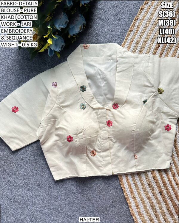 Pure Khadi Cotton Blouse With Jari Embroidery And Sequin Work