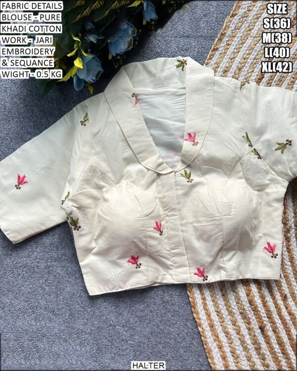 Pure Khadi Cotton Blouse With Jari Embroidery And Sequin Work