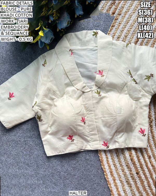 Pure Khadi Cotton Blouse With Jari Embroidery And Sequin Work