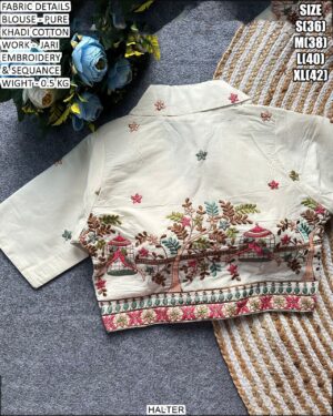 Pure Khadi Cotton Blouse With Jari Embroidery And Sequin Work