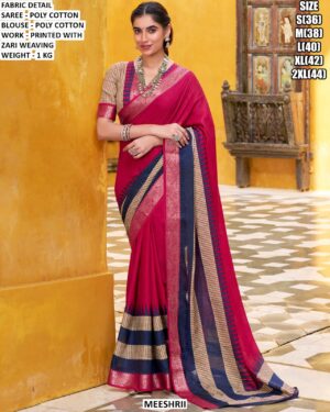 Poly Cotton Saree With Printed Work And Zari Weaving