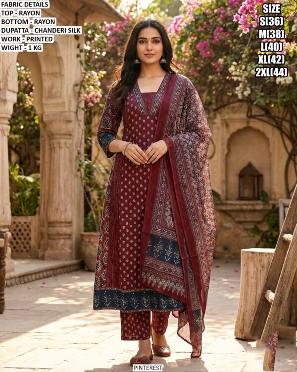 Premium Rayon Printed Suit Set With Chanderi Silk Dupatta