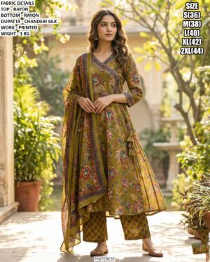 Premium Rayon Printed Suit Set With Chanderi Silk Dupatta