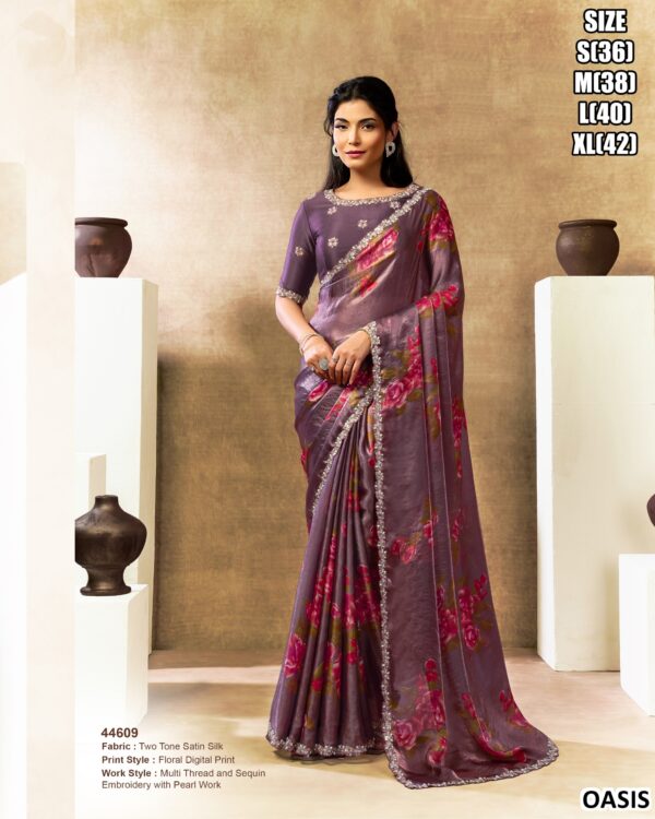 Premium Satin Silk Saree With Bead Embroidery Work