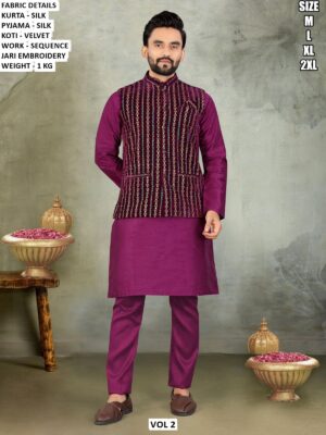 Elegant Men’s Silk Kurta Pyjama Set With Premium Velvet Koti