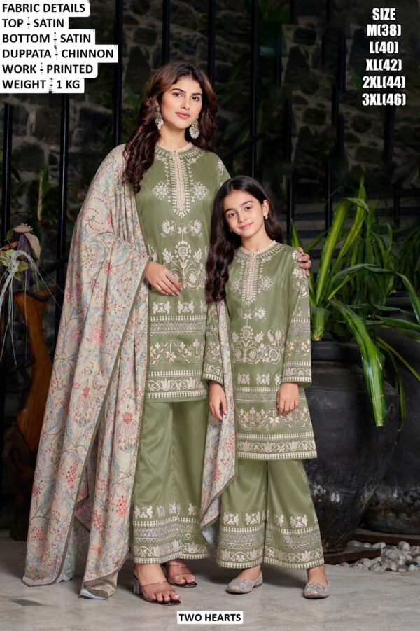 Mother Daughter Matching Satin Suit Set With Printed Dupatta