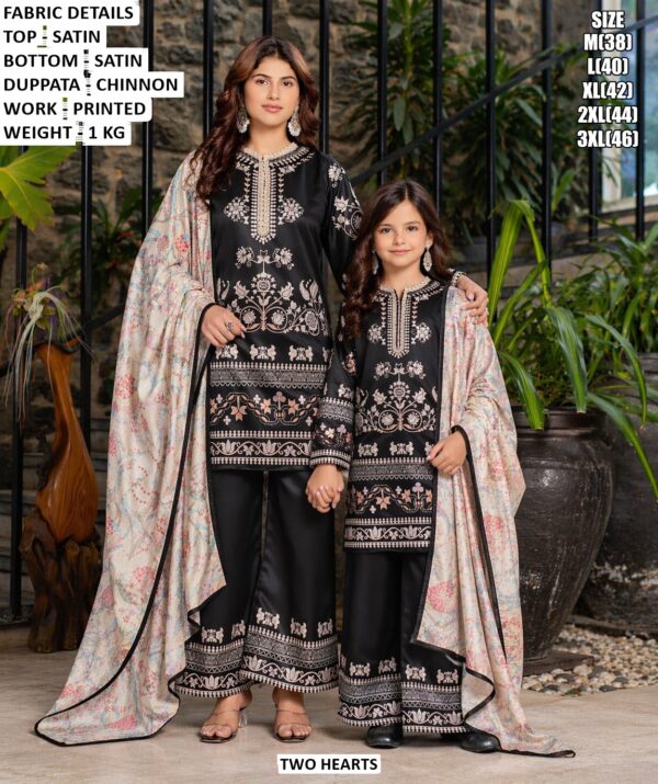 Mother Daughter Matching Satin Suit Set With Printed Dupatta