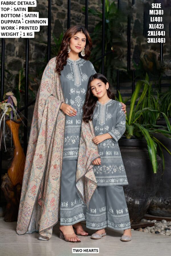 Mother Daughter Matching Satin Suit Set With Printed Dupatta