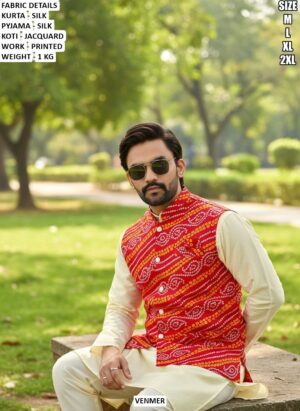 Men’s Kurta Pyjama Koti Set With Sequence Jari Embroidery
