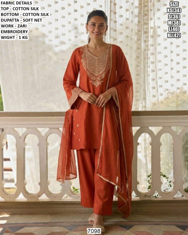 Cotton Silk Zari Embroidery Suit With Soft Net Dupatta