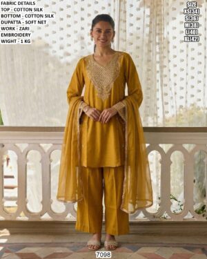 Cotton Silk Zari Embroidery Suit With Soft Net Dupatta