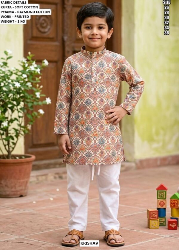 Kids Ethnic Printed Kurta With Raymond Cotton Pajama