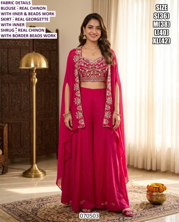 Designer Shrug Set With Real Georgette & Real Chinon Skirt And Beads Work
