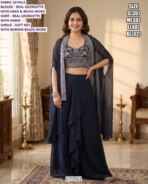 Designer Shrug Set With Real Georgette & Real Chinon Skirt And Beads Work