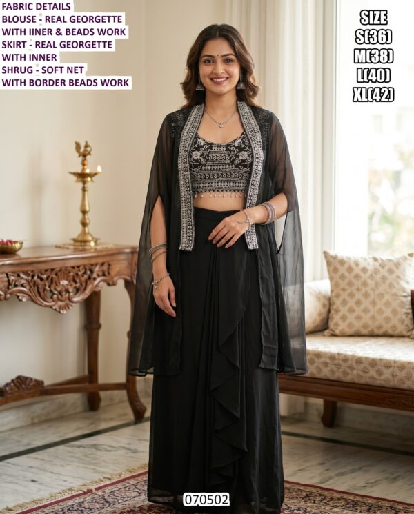 Designer Shrug Set With Real Georgette & Real Chinon Skirt And Beads Work