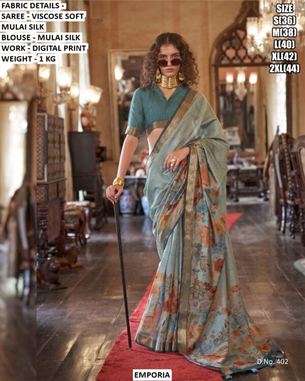 Women’S Traditional Digital Print Saree In Mulai Silk Fabric