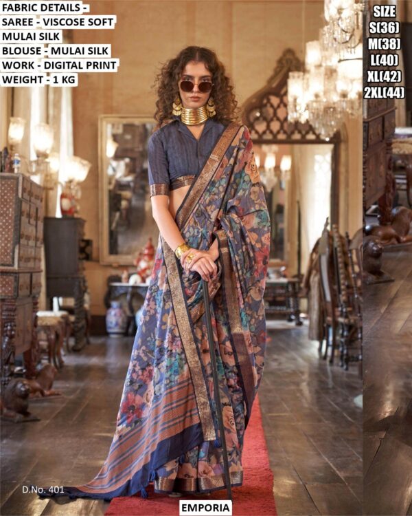 Women’S Traditional Digital Print Saree In Mulai Silk Fabric
