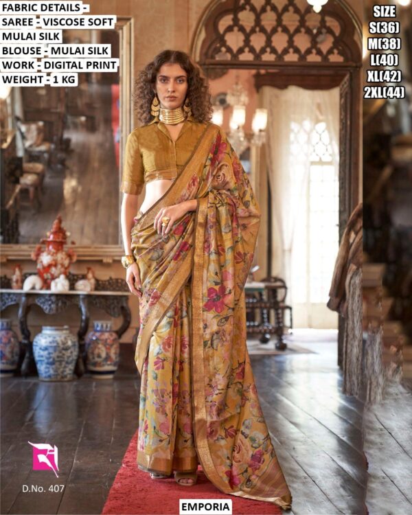 Women’S Traditional Digital Print Saree In Mulai Silk Fabric