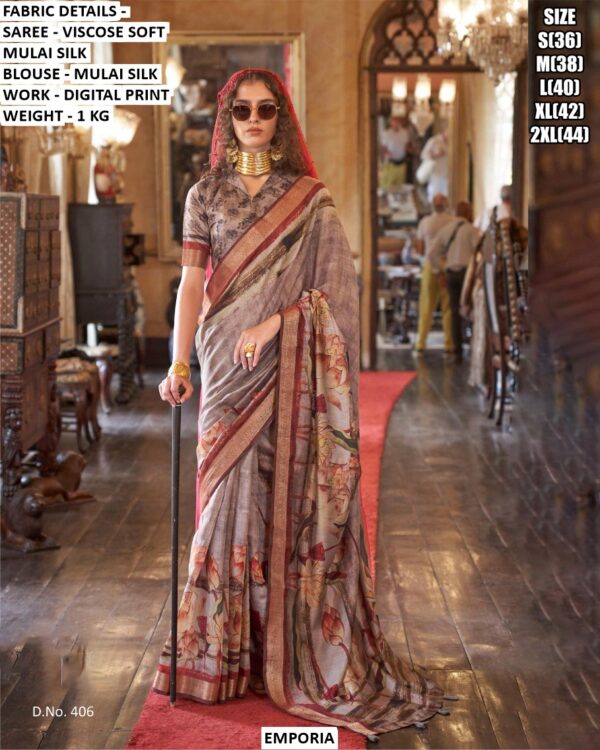 Women’S Traditional Digital Print Saree In Mulai Silk Fabric