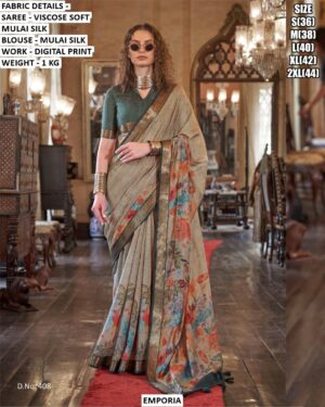 Women’S Traditional Digital Print Saree In Mulai Silk Fabric