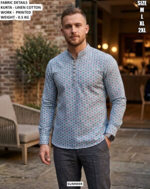 Men’s Linen Cotton Printed Kurta