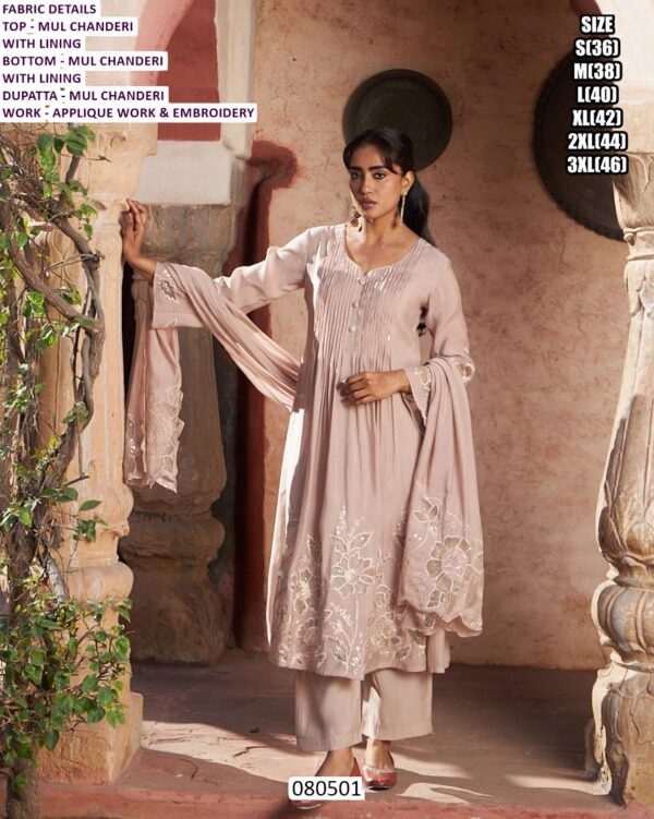 Mul Chanderi Applique Embroidery Suit Set With Dupatta