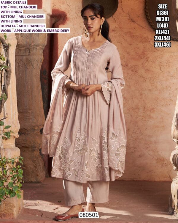 Mul Chanderi Applique Embroidery Suit Set With Dupatta
