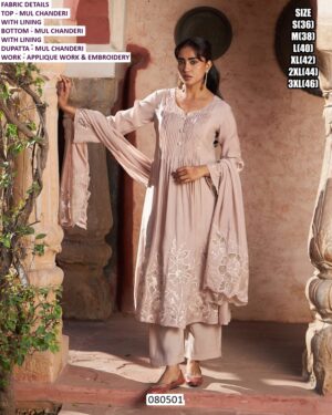 Mul Chanderi Applique Embroidery Suit Set With Dupatta