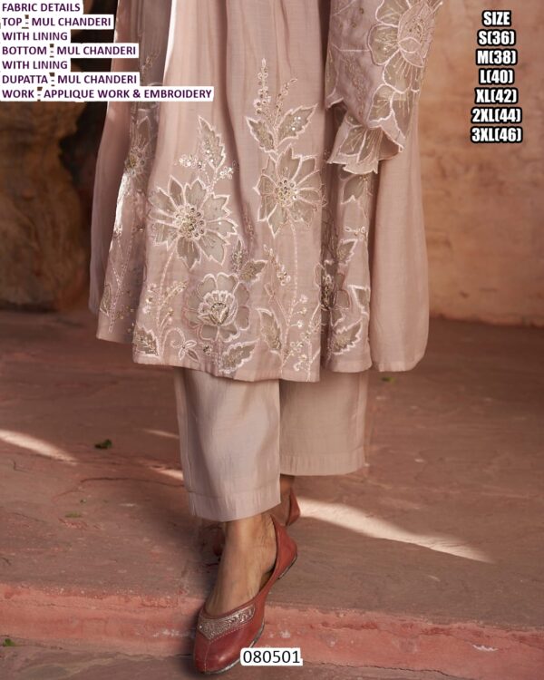 Mul Chanderi Applique Embroidery Suit Set With Dupatta