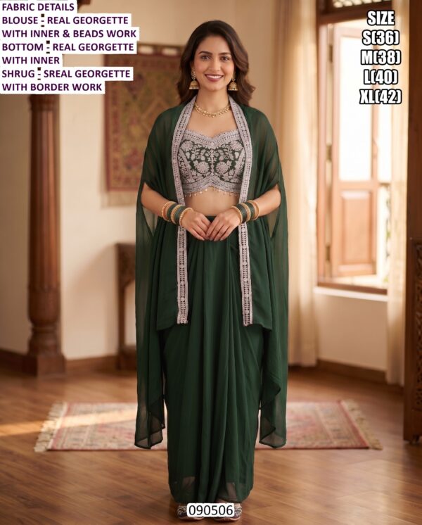Designer Draped Skirt Set With Shrug And Beads Work