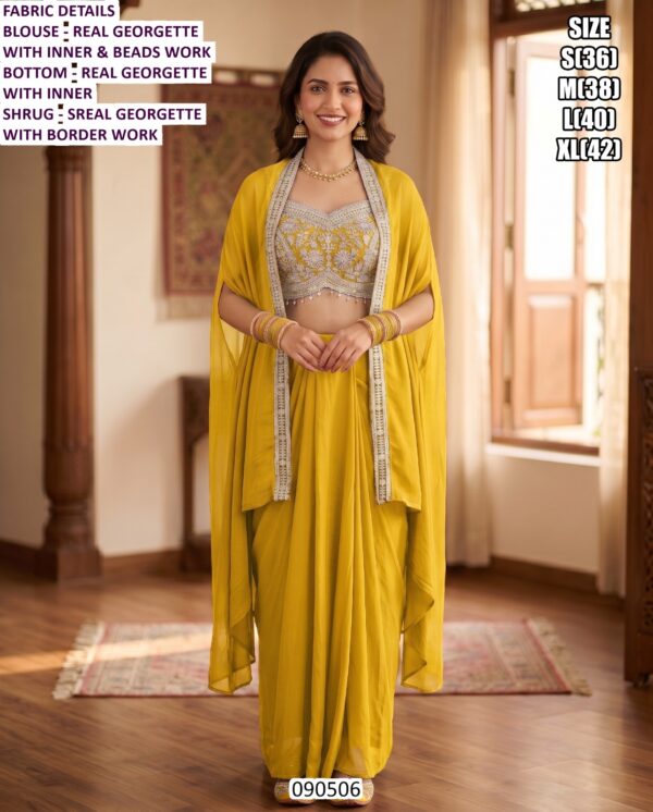 Designer Draped Skirt Set With Shrug And Beads Work