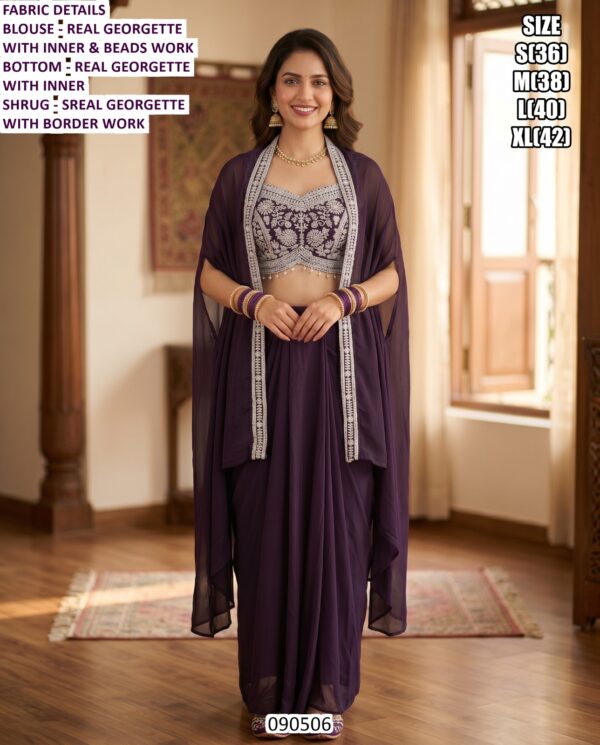 Designer Draped Skirt Set With Shrug And Beads Work