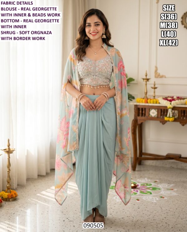 Designer Draped Skirt Set With Shrug And Beads Work
