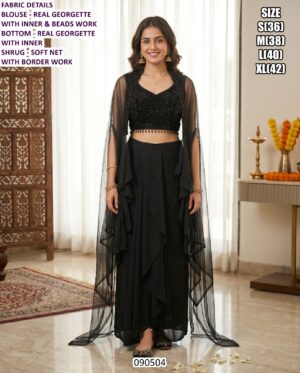 Designer Draped Skirt Set With Shrug And Beads Work
