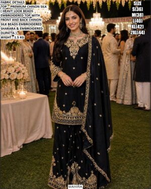 Elegant Chinon Silk Top Sharara Dupatta Set For Women