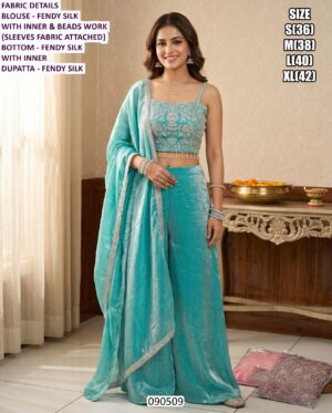 Fendy Silk Designer Palazzo Set With Dupatta And Beads Work