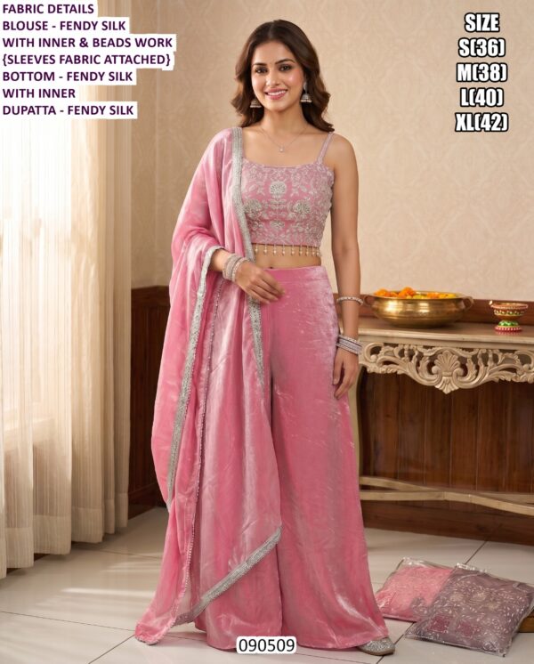 Fendy Silk Designer Palazzo Set With Dupatta And Beads Work
