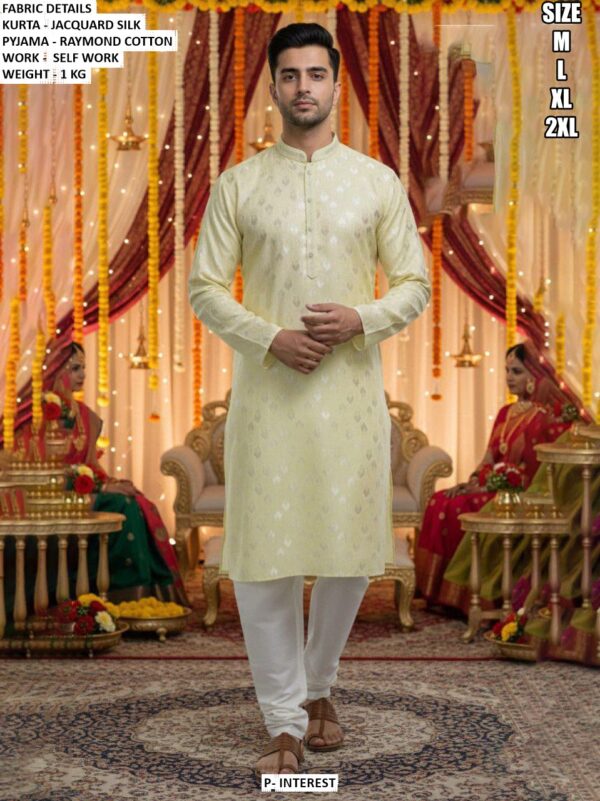 Men’s Jacquard Silk Kurta Pajama With Self Work