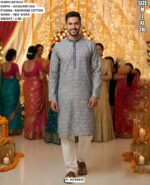 Men’s Jacquard Silk Kurta Pajama With Self Work