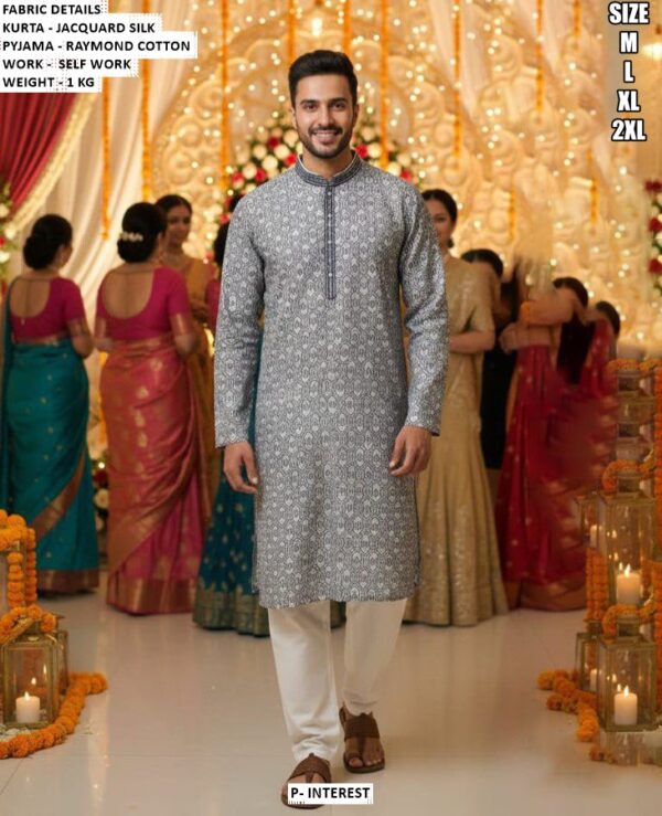 Men’s Jacquard Silk Kurta Pajama With Self Work