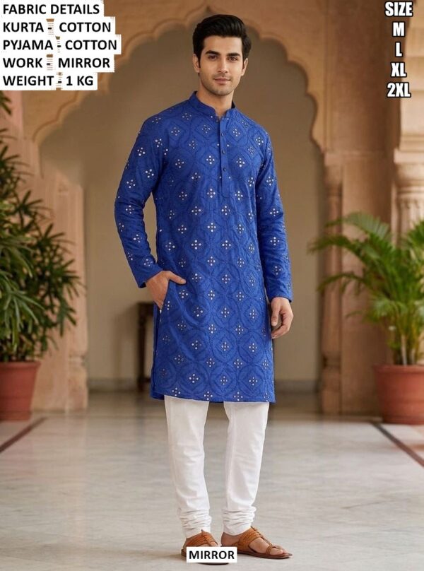 Elegant Mens Ethnic Cotton Kurta With Mirror Detailing