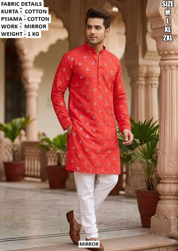 Elegant Mens Ethnic Cotton Kurta With Mirror Detailing