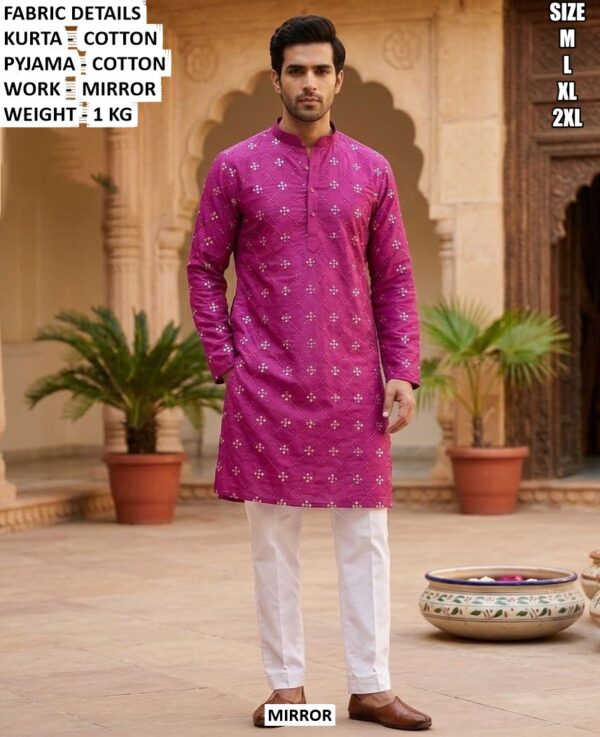 Elegant Mens Ethnic Cotton Kurta With Mirror Detailing