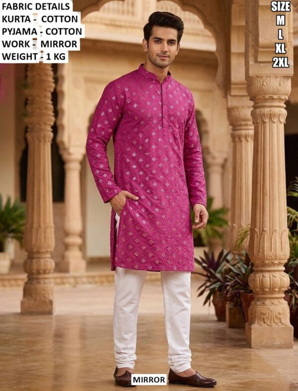 Elegant Mens Ethnic Cotton Kurta With Mirror Detailing