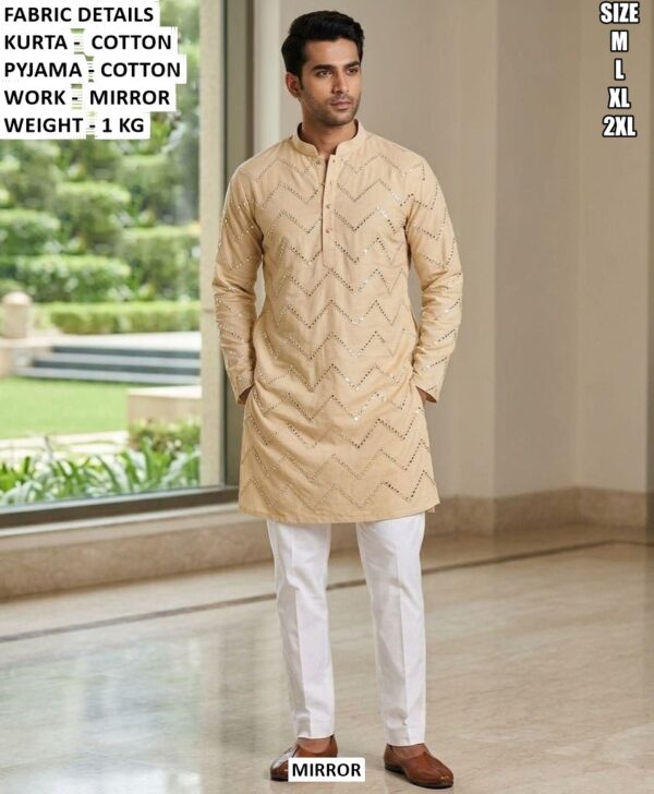 Elegant Mens Ethnic Cotton Kurta With Mirror Detailing