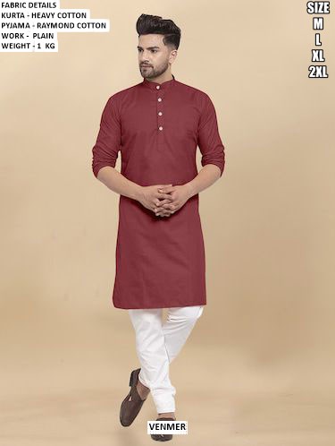 Men’S Heavy Cotton Kurta With Raymond Cotton Pyjama Plain Work Ethnic Set
