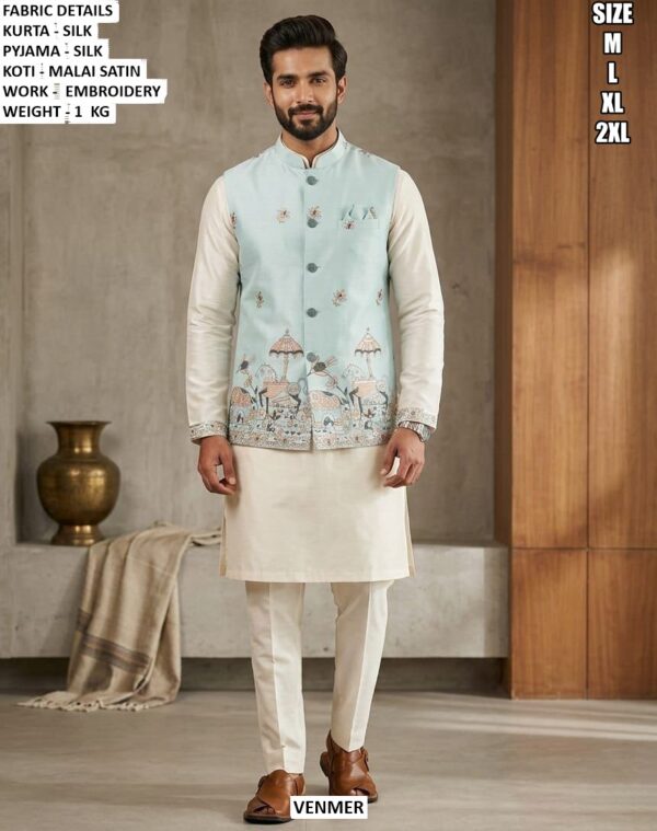 Traditional Silk Kurta Pyjama And Koti Set For Men