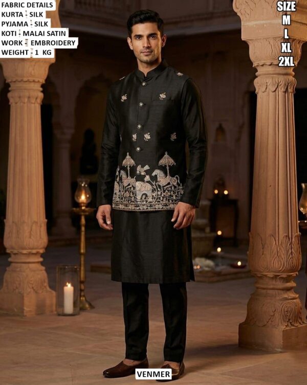 Traditional Silk Kurta Pyjama And Koti Set For Men