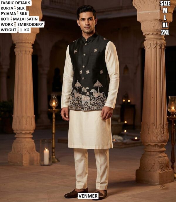 Traditional Silk Kurta Pyjama And Koti Set For Men